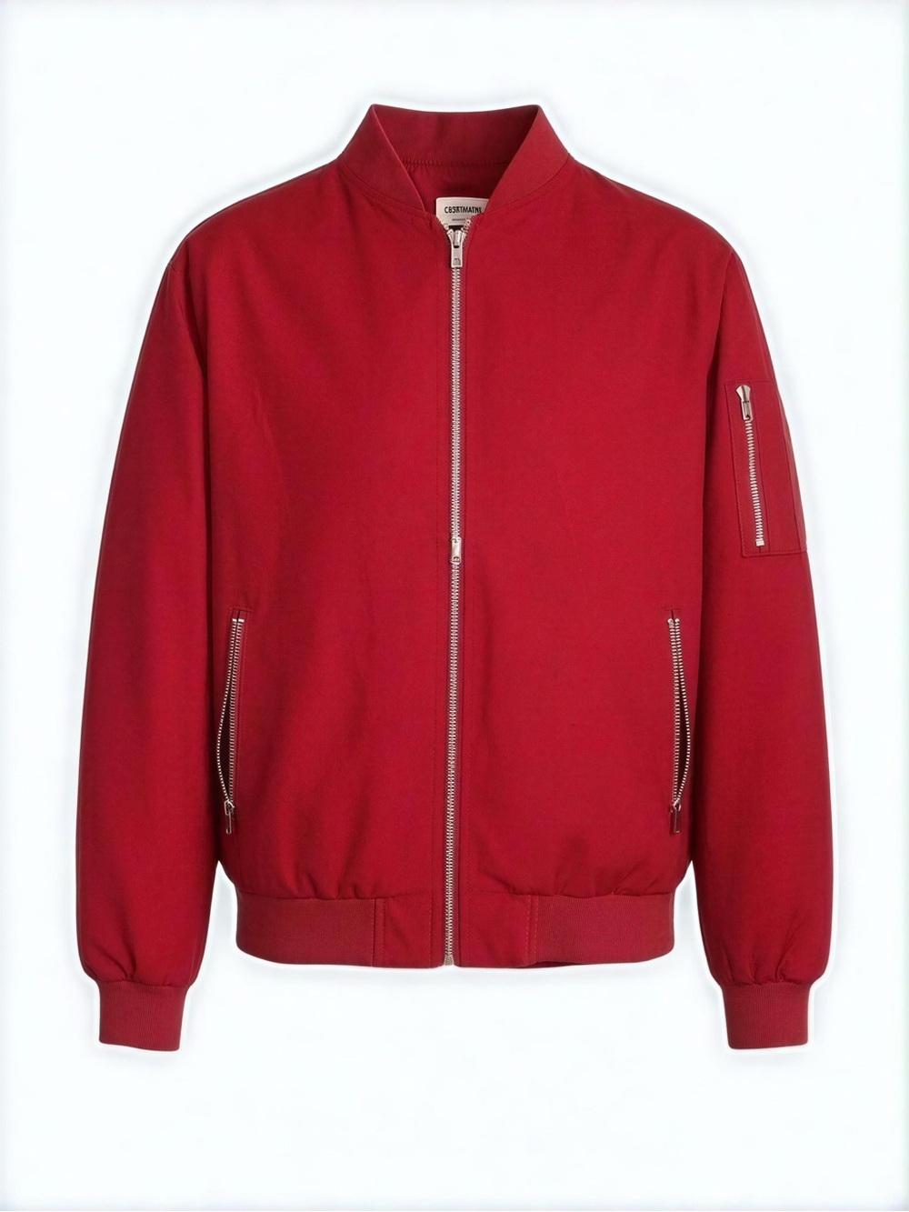 Men's Red Bomber Jacket with Silver Zipper - Unbranded